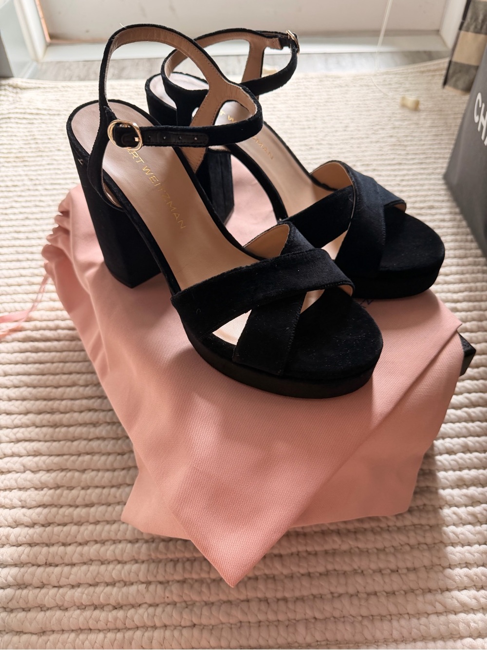 BRAND NEW Stuart Weitzman Black Suede Chunky Heel Sandals - Picture 3 of 5